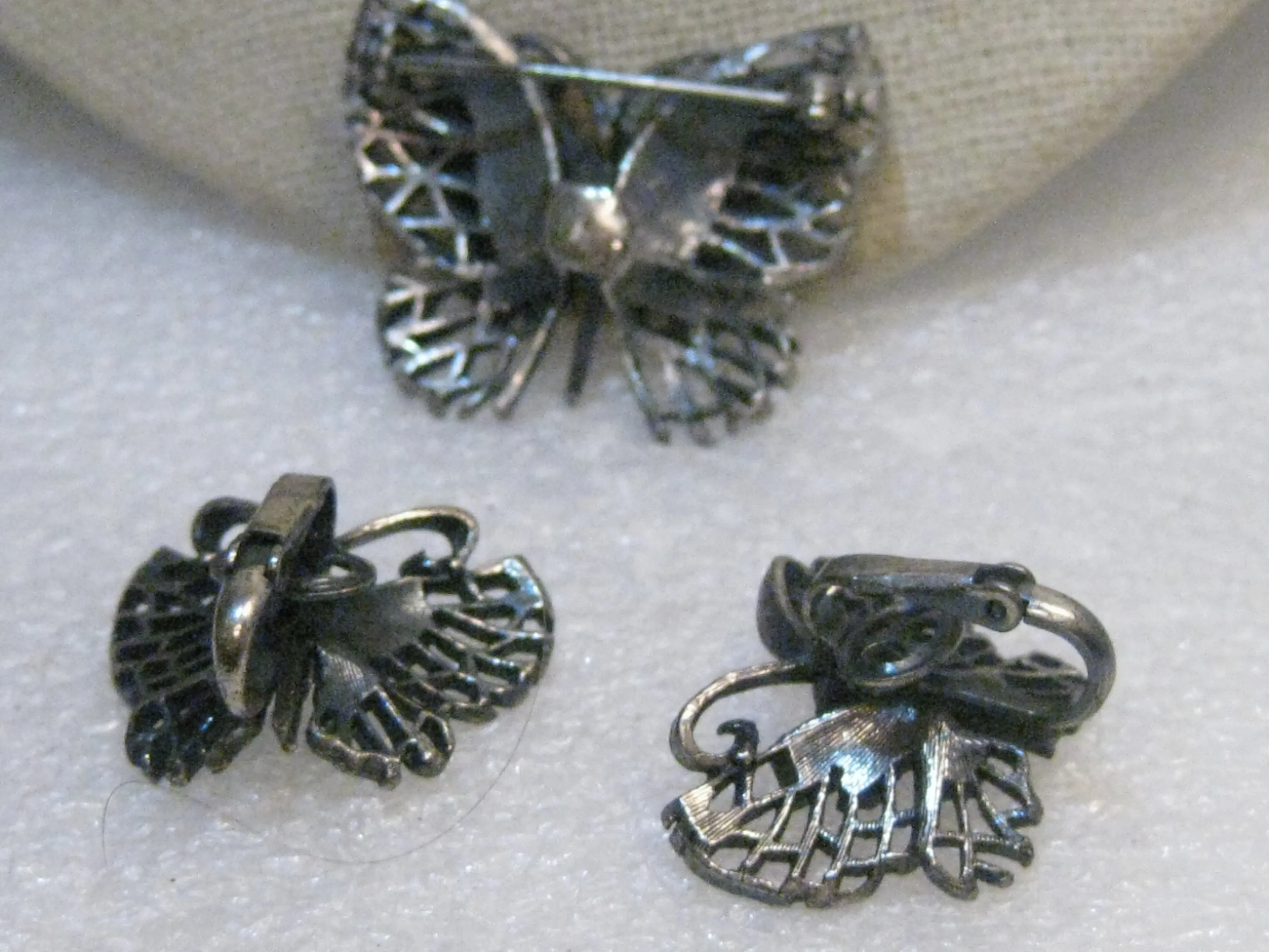 Vintage Butterfly Brooch & Clip Earring Set, Pewter-Like, 1960's/1970's