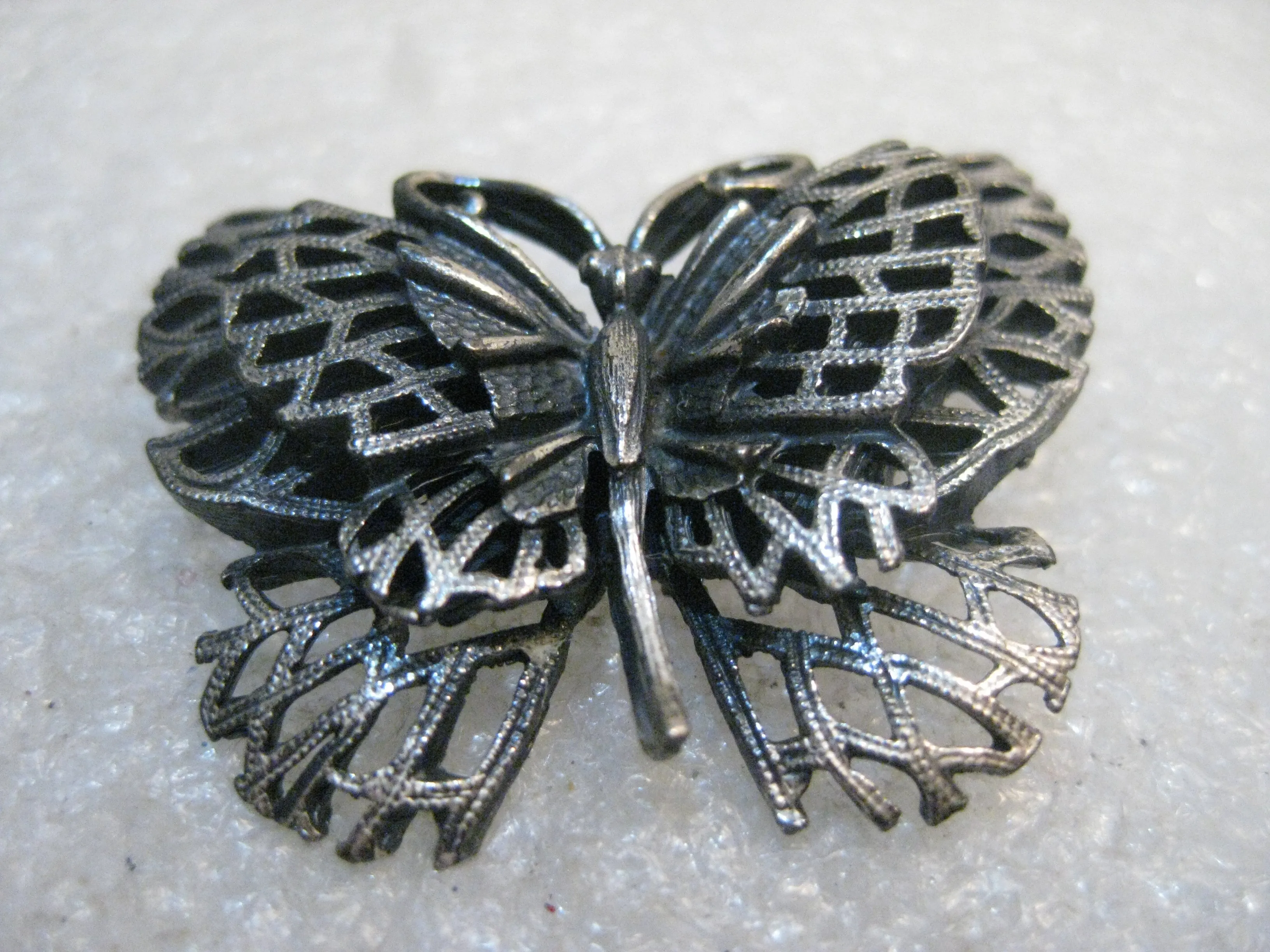 Vintage Butterfly Brooch & Clip Earring Set, Pewter-Like, 1960's/1970's