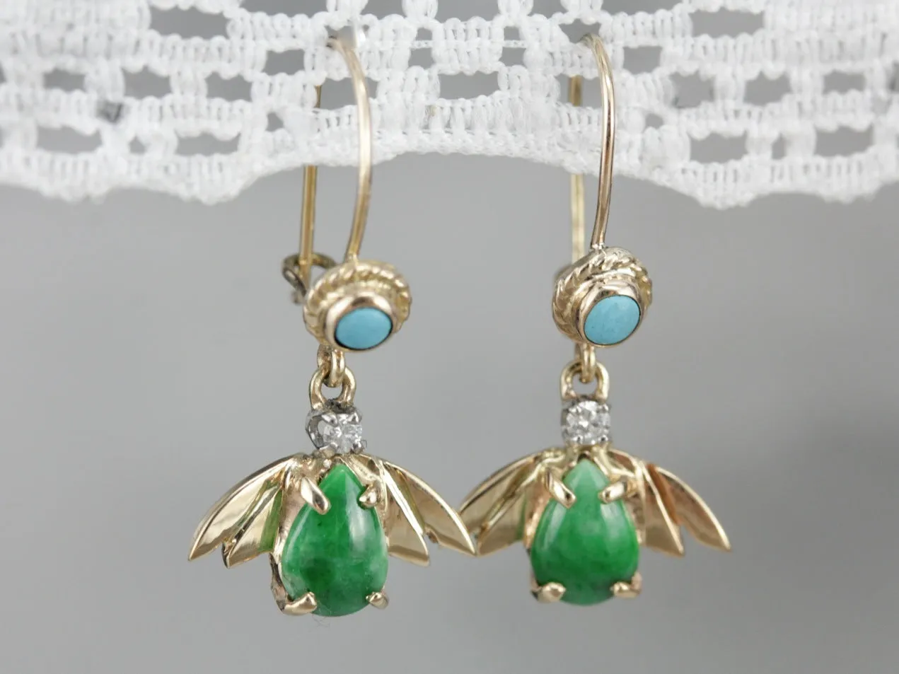 Vintage Jade Diamond and Turquoise Drop Earrings