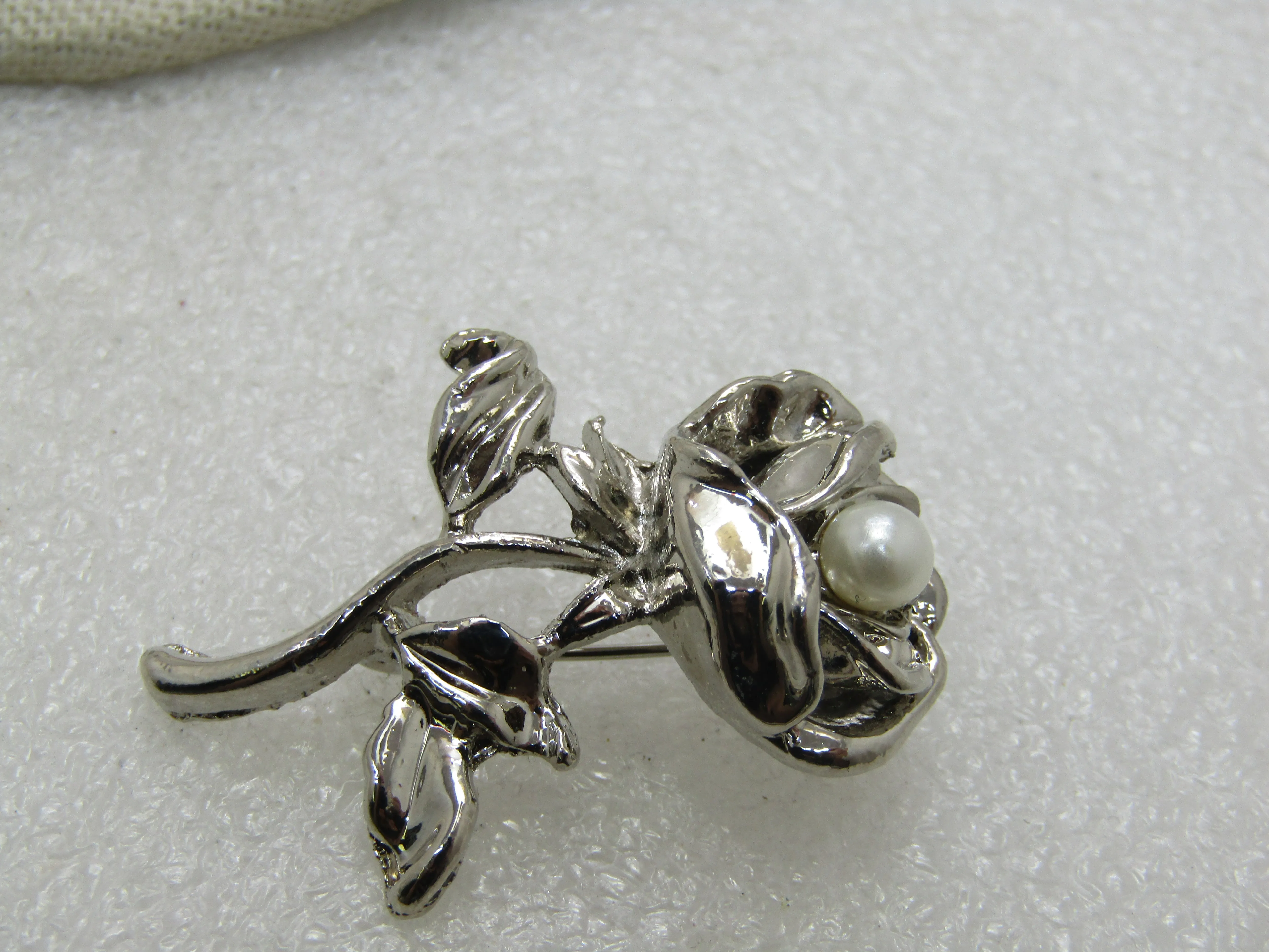 Vintage Rose Brooch with Faux Pearl,  1.75"