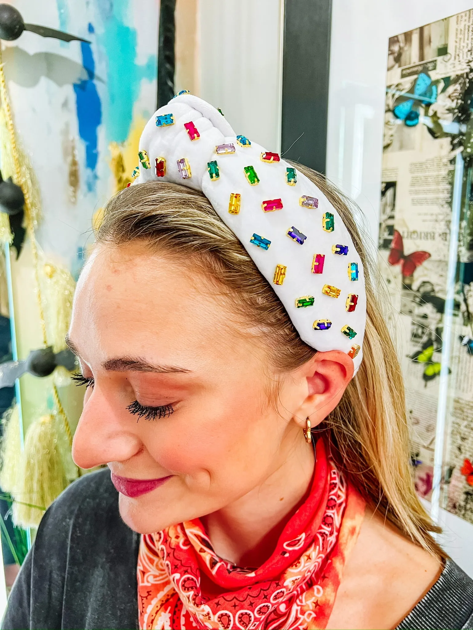White Velvet Headband w/ Confetti Rainbow Crystals