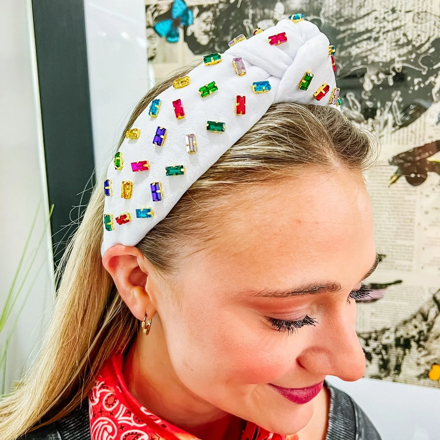 White Velvet Headband w/ Confetti Rainbow Crystals